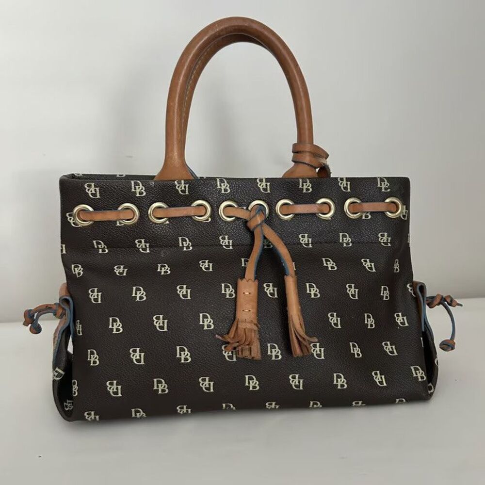 Dooney & Bourke DB Signature Tassel Tote Bag Brown Monogram Heart Charm Mini